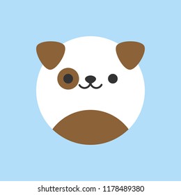 Cute dog round vector graphic icon. Spotted puppy, dog animal head, face illustration. Isolated on blue background.