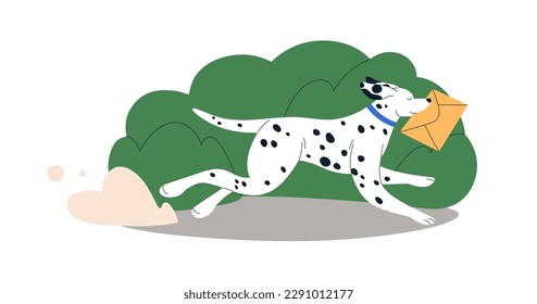 Cute dog running with envelope, letter. Doggy, mail carrier, post canine animal rushing to deliver, send letter. Mail delivery service concept. Flat vector illustration isolated on white background