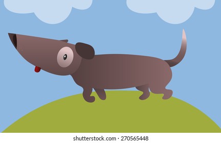Cute dog running on a green hill.