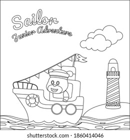 Cute dog sailor on the boat with cartoon style. Creative vector Childish design for kids activity colouring book or page.