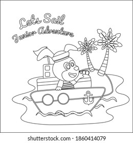 Cute dog sailor on the boat with cartoon style. Creative vector Childish design for kids activity colouring book or page.