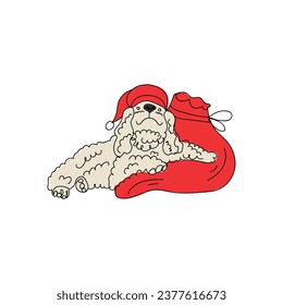 Cute dog with Santa bag on white background