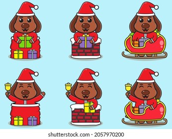 Cute Dog Santa Claus vector illustration. Vector illustration isolated on light blue background. Good for icon, label, sticker, clipart.