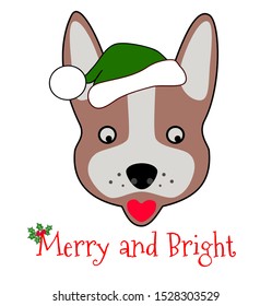 Cute dog in Santa hat with calligraphy design element Merry and Bright Christmas vector set