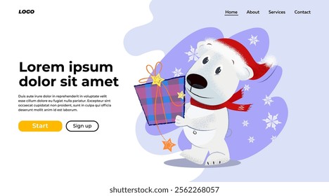 Cute dog in Santa hat carrying present. Christmas gift delivery concept. Vector illustration can be used for banner design or landing page