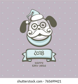 Cute dog with santa hat and mustache. Vector illustration. Funny cartoon character. Template for greeting card and holiday decoration. Happy 2018 year.