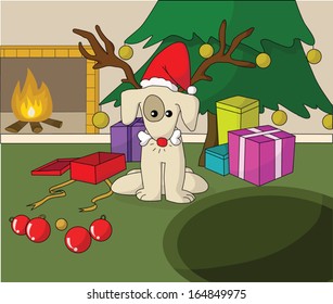 Cute dog in Santa xmas cap opening gift near fireplace 