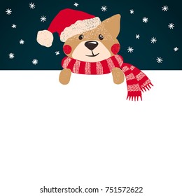 Cute Dog in Santa's hat Holding a white banner, blank board or Card. New year or Christmas concept. Vector illustration.