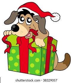 Cute dog in Santas hat - vector illustration.