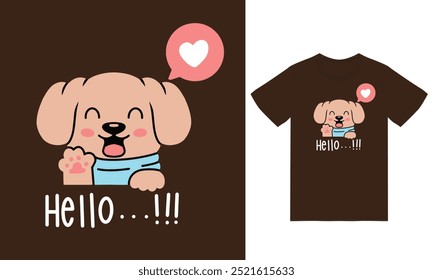 Perro lindo que dice hola con el Vector del diseño de la camiseta el concepto de Tecnología aislada. Estilo plano de la historieta conveniente para aterrizar las Páginas de Web, camiseta, volantes, pegatinas