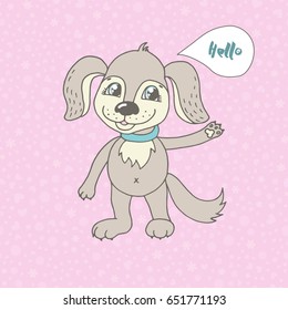 Cute dog says Hello. Vector funny illustration for your design, postcard, textiles. Cartoon style. Beautiful seamless romantic pattern with hearts, peas and flowers