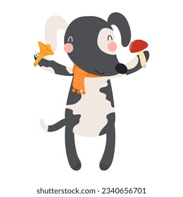 Cute dog in scarf holding mushrooms character illustration. Hand drawn animal, Scandinavian style flat design, isolated vector. Kids autumn, fall print, element, seasonal activity