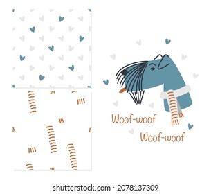 Cute dog in a scarf. Two simple seamless patterns for childish clothes, surface design. Vector illustration.