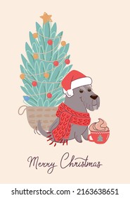 Cute dog schnauzer on christmas card. Vector illustration with Christmas tree in flat style and lettering Merry Christmas.