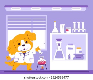 Cientista bonito do cachorro. Químico. Animal feliz em um casaco branco despeja líquido em um tubo de ensaio. Laboratório científico de química. Pesquisador. O caráter está fazendo experimentos. Estilo de desenho animado. Ilustração vetorial.