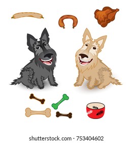 Cute dog Scotch Terrier vector illustration. Isolated vector illustration of dog character with snacks.