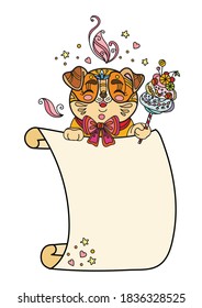 Cute dog with scroll sign template. Colorful vector kawaii illustration with animal in tangle style and empty blank paper template. For print, design, T-shirt, logo, advertising, sale, celebration.