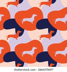 Cute dog seamless pattern. Dachshund texture. Minimalistic vector background with sausage dog and abstract schapes.