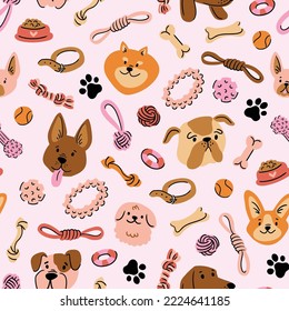 Cute dog seamless pattern. Dogs, toys and dog care products. Vector seamless print design in hand-drawn style.