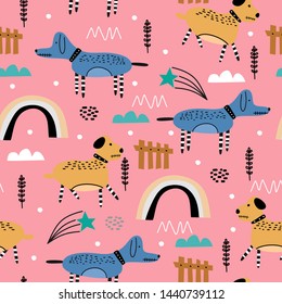 Cute dog seamless pattern drawing animal illustration. Trendy scandinavian art cartoon background.