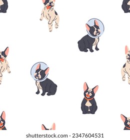 Cute dog, seamless pattern. Funny French bulldog breed, endless canine background. Happy doggy, pup in vet plastic cone, repeating print. Flat vector illustration for textile, fabric, decoration