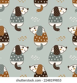 Cute Dog Seamless Pattern. Little Puppies. Vector Childish Background. Baby Funny Animal. Great for T-shirt Print Design for Kids.