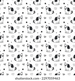 Cute Dog. Seamless Pattern with Little Puppies. Vector Childish Black and White Background. Baby Funny Animal. Great for T-shirt Print Design for Kids.