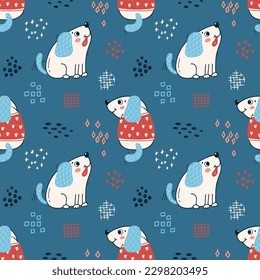 Cute Dog Seamless Pattern. Little Puppies. Baby Funny Animal. Vector Childish Background for Kids Fashion T-shirt Print Design, Nursery Wallpaper