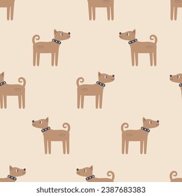 Cute dog seamless pattern with pastel colors. Funny brown puppy repeat vector illustration. Hand-drawn endless background for pets, fabric, kids, textile