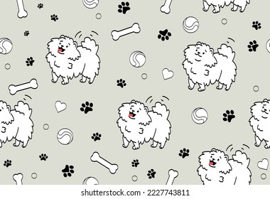 Cute dog seamless pattern. Repeating design element for printing on fabric. Puppy and pet, love for animals. Fluffy and charming character, mascot or toy. Cover. Cartoon flat vector illustration