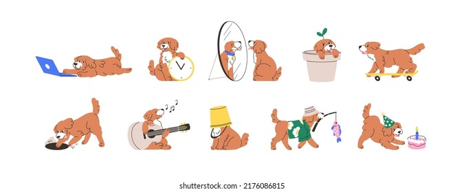 Cute dog set. Business, psychology concepts. Funny animal with hobby, work, life activities. Happy puppy and time management, fishing, playing. Flat vector illustrations isolated on white background - Shutterstock ID 2176086815