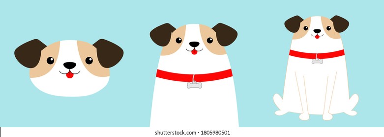Cute dog set. Face, body, sitting puppy. Red collar. White pooch. Cute cartoon kawaii funny baby character. Flat design. Help homeless animal concept. Adopt me. Pet adoption. Blue background. Vector