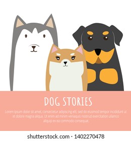 Cute dog set include Rottweiler, Shiba Inu, Siberian Husky colorful cartoon illustration flat vector graphic design.