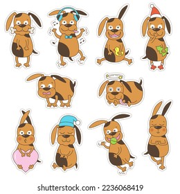 Cute dog set stickers. Cartoon funny dog in different poses vector set.