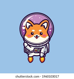 cute dog shiba inu become astronaut go to space cartoon vector illustration