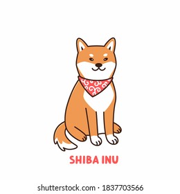 Cute Dog Of Shiba Inu Breed In Red Bandana With White Pattern. Cartoon Vector Illustration. It Can Be Used For Sticker, Patch, Phone Case, Poster, T-shirt, Mug Etc.