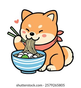 Cute dog Shiba Inu eating Ramen noodles Cartoon Vector Illustration. Food logo concept Isolated vector. Flat cartoon style icon.