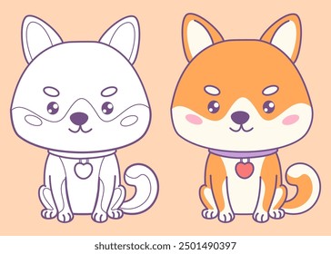 Netter Hund Shiba Inu. Lustige Cartoon Kawaii Charakter Haustier. Isolierte Farb- und Umrisszeichnung Vektorgrafik