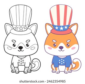 Lindo perro Shiba Inu ropa de fiesta patriótica en colores de la bandera estadounidense. Día de la Independencia. Aislado divertido dibujo animado de vacaciones kawaii personaje mascota. Dibujo de color y contorno. Ilustración vectorial