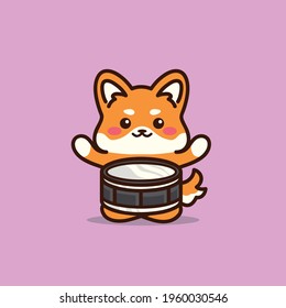 cute dog shiba inu playing drum cartoon vector illustration
