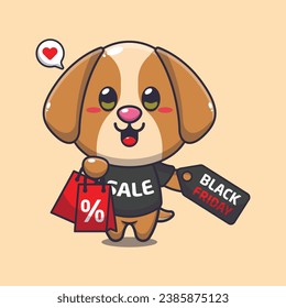 cute dog with shopping bag and black friday sale discount cartoon vector illustration