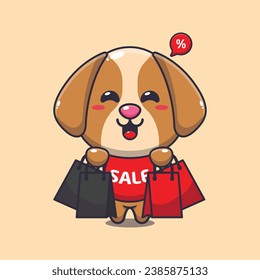 cute dog with shopping bag in black friday sale cartoon vector illustration