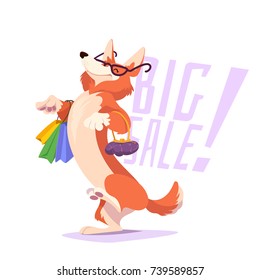 Cute dog with the shopping bags. Vector cartoon illustration on a white background.