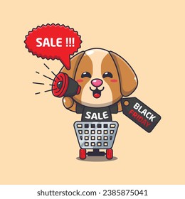 cute dog in shopping cart is promoting black friday sale with megaphone cartoon vector illustration
