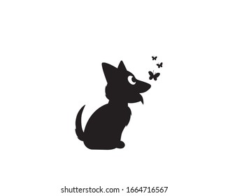 Cute dog silhouette with butterflies illustration, vector. Cartoon character. Childish wall art, artwork, poster design. Dog silhouette isolated on white background 