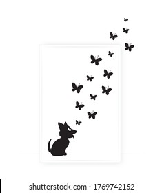Cute dog silhouette with butterflies illustration, vector. Cartoon character. Childish wall art, artwork, poster design. Dog silhouette isolated on white background 