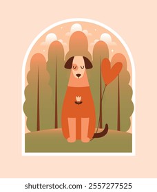 Cute dog sitting with balloon on outdoor with forest on background. Naive cartoon illustration with kawaii puppy. National Dog Day. Isolated clip art for card, banner, flyer. Flat Design.