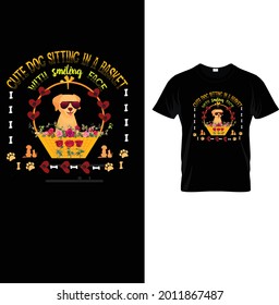 Perro lindo sentado en una canasta con diseño de camiseta cara sonriente