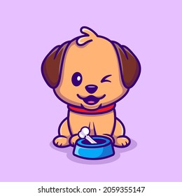 Cute Dog Sitting With Bone Cartoon Vector Icon Illustration. Animal Nature Icon Concept Isolated Premium Vector. Flat Cartoon Style