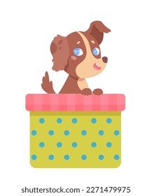 Cute dog sitting in box vector illustration. Cartoon isolated friendly funny puppy in basket, homeless animal in needs of love and family adoption, funny playful baby dog character with fur and paws